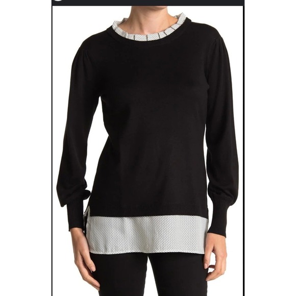 Adrianna Papell Sweaters - Adrianna Papell Sweater Womens S Long Sleeve Collared Faux Layered Polka Dot Blk